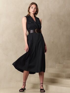 Banana Republic Black Twill Midi Dress Size 12 Petite Sleeveless Missing Belt